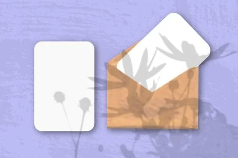An envelope with two sheets of textured white paper on the lilac background o Stock Illustration