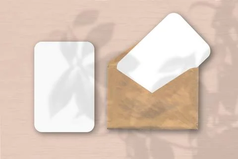 An envelope with two sheets of textured white paper on a pink table backgroun Stock Illustration