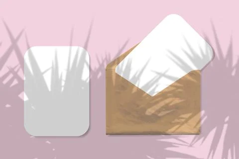 An envelope with two sheets of textured white paper on pink background. Mock up Stock Illustration