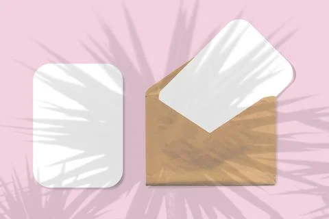 An envelope with two sheets of textured white paper on pink background. Mock up Stock Illustration