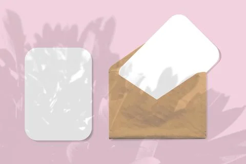 An envelope with two sheets of textured white paper on pink background. Mock up Stock Illustration