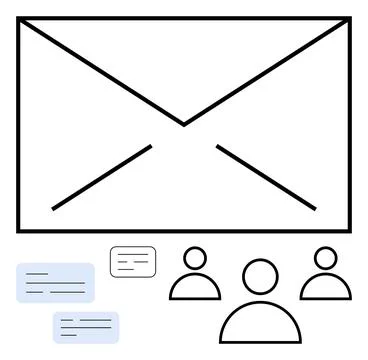 Envelope with user icons and message bubbles signifying email, communication, Stock Illustration
