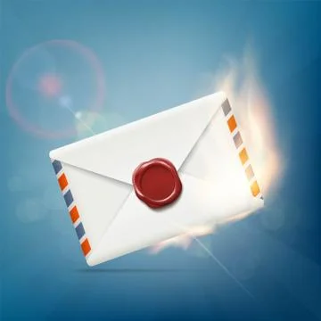 Envelope with wax seal on fire. Stock-Illustration