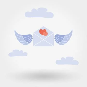 Envelope with wings and two hearts in the clouds Stock Illustration