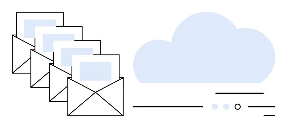 Envelopes containing documents merging into a large cloud icon, symbolizing d Stockillustratie