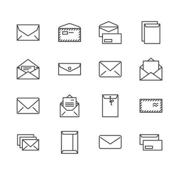 Envelopes flat line icons. Mail, message, open envelope with letter, email Stock Illustration