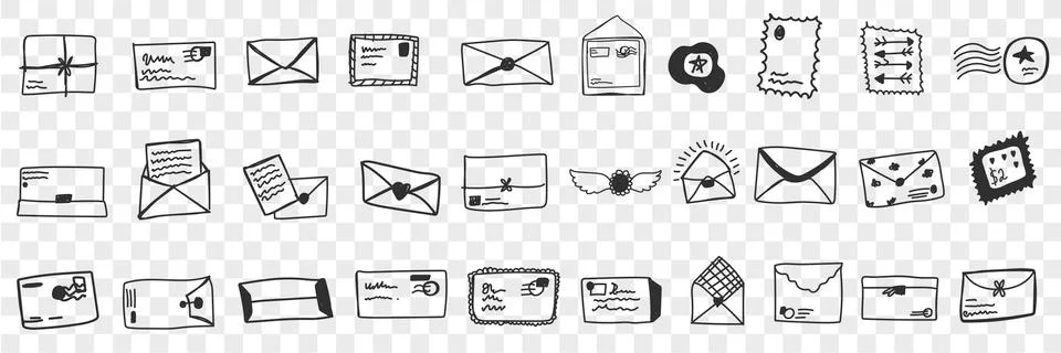 Envelopes with letters doodle set Illustration