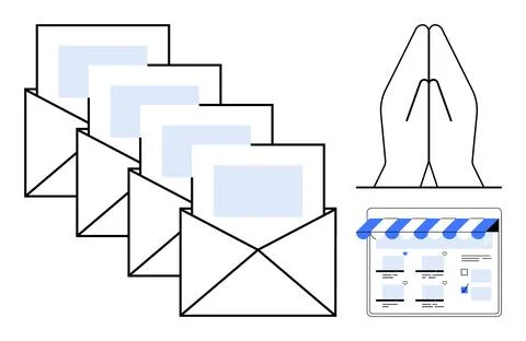 Envelopes with letters, praying hands, and web store interface represent digi イラスト素材
