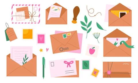 Envelopes with postmarks. Letters and greeting cards decor. Mail messages Stock Illustration