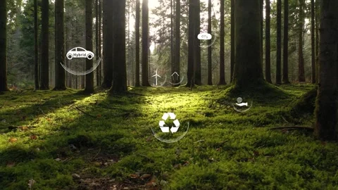 Environment 3d icons inside sunny forest landscape Stockbeeldmateriaal 334076140