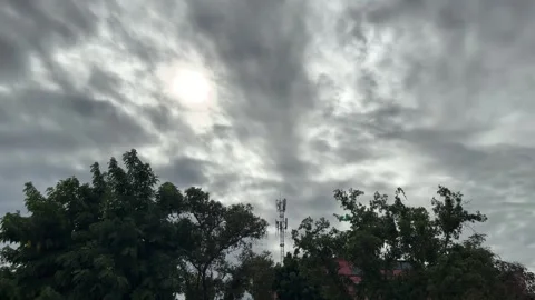 Environment and Technology, Cell Tower, Building Behinend Tree On Murky Sky Stock Footage 281749111