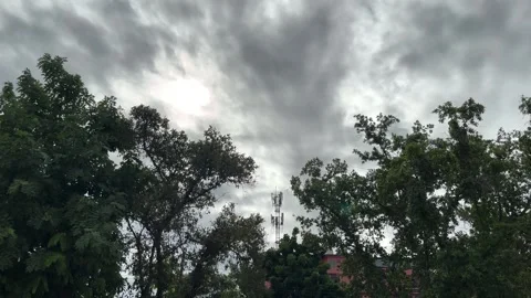 Environment and Technology, Cell Tower, Building Behinend Tree On Murky Sky Stock Footage 281749605