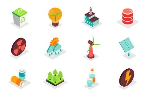 Environment concept 3d isometric icons set. Bundle elements of recycle, trash 库存插图