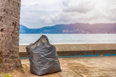 Environment concept. Big plastic garbage bag on sidewalk under coconut palm t Stock Photos