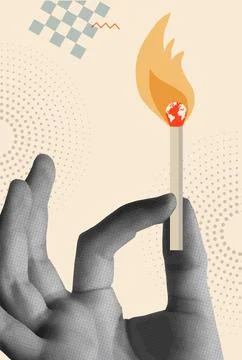 Environment concept with earth match and hand in retro collage vector illus.. Stock Illustration