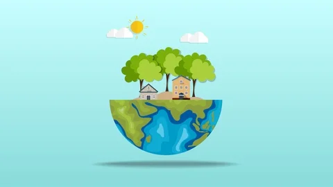 Environment Day Earth Trees And Builings Animation Stock Footage