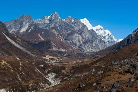 Environment: drained stream and mountains in himalaya Stock Photos