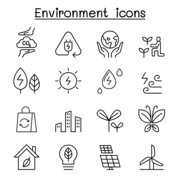 Environment &amp; Ecology icon set in thin line style 스톡 일러스트