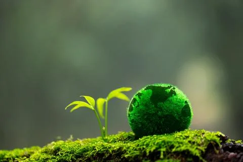 Environment. Green globe on grass moss in forest, Green planet with abstrac.. Foto stock