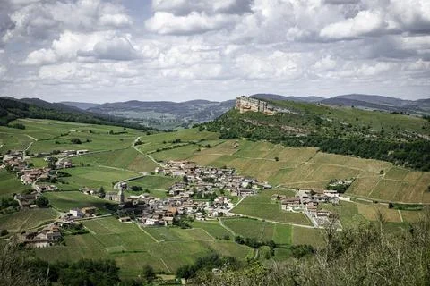 Environment of La Roche de Solutre with vineyards, Burgundy, France Stock Photos