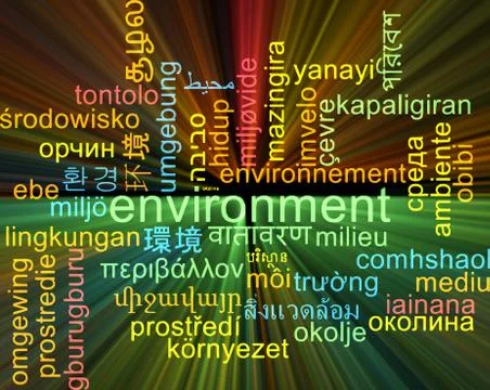 Environment multilanguage wordcloud background concept glowing Stock Illustration