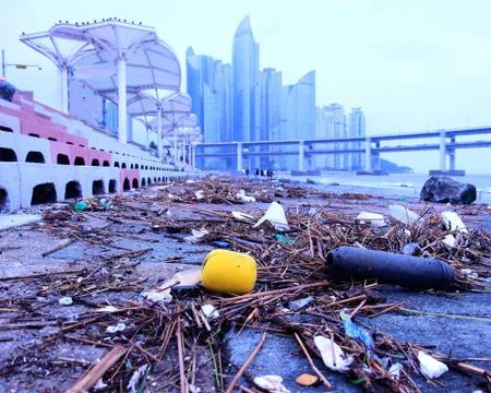 Environment pollution appear at gwangalli beach after typoon, Busan Stock Photos