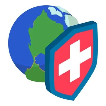 Environment protection icon isometric vector. Planet earth behind shield icon Stock Illustration