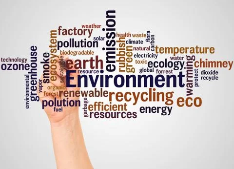 Environment word cloud and hand with marker concept Ilustración de archivo