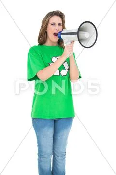 Environmental activist screaming in a megaphone Stock Photos