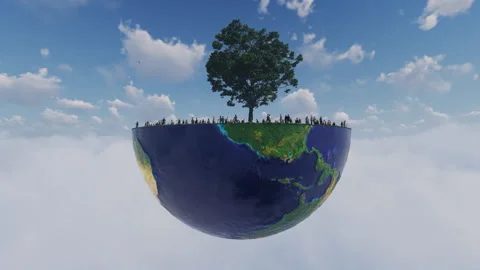Environmental Concept, People Stranded Under Old Oak On Earth Hemisphere Abo Stock Footage 147373791