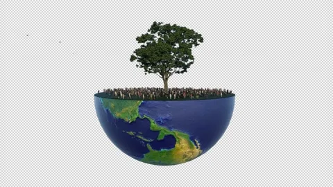 Environmental Concept, People Stranded Under Old Oak On Earth Hemisphere, Al 스톡 동영상 148076185