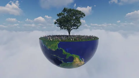 Environmental Concept, People Stranded Under Old Oak On Earth Hemisphere Abo Stock Footage 148464406