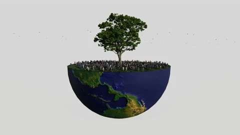 Environmental Concept, People Stranded Under Old Oak On Earth Hemisphere 스톡 동영상 149178351