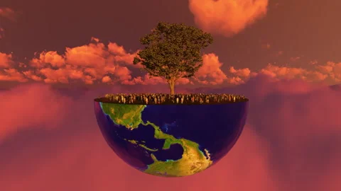 Environmental Concept, People Stranded Under Old Oak On Earth Hemisphere Abo Stock-Footage 149568116