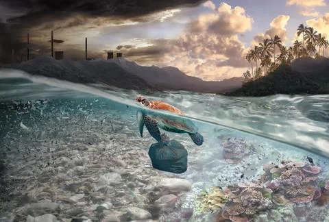 Environmental concept of pollution in oceans Stock Photos