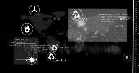 Environmental data and coding elements overlaying world map and graphs animation Stock Footage 304856035