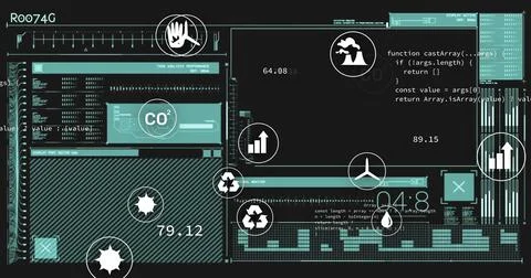 Environmental data and statistics image over digital interface with various Stock Illustration