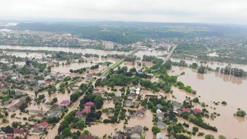 Environmental disaster and climate change. Aerial view river that flooded the Stock Footage 133486811
