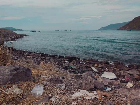 Environmental disaster, ecological pollution, garbage scattered on the ground Stock Photos