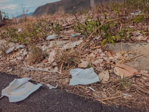 Environmental disaster, ecological pollution, garbage scattered on the ground Stock Photos