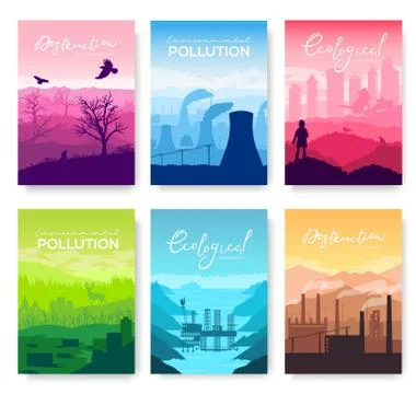 Environmental disaster in nature landscape vector brochure cards. Set of Stock Illustration