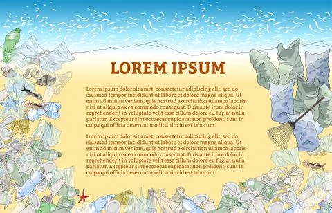 Environmental disaster of plastic debris in the ocean. Garbage, trash bags an Stock Illustration