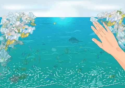 Environmental disaster of plastic debris in the ocean. Stock Illustration
