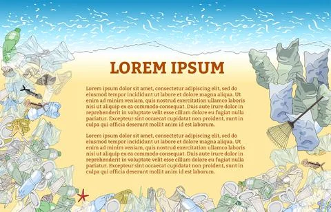 Environmental disaster of plastic debris in the ocean. Garbage, trash bags an Stock Illustration