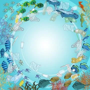 Environmental disaster of plastic debris in the ocean. Marine animals and gar Stock Illustration