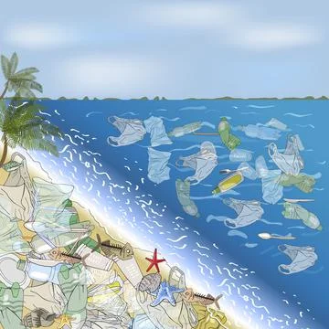 Environmental disaster of plastic debris in the ocean. Stock Illustration
