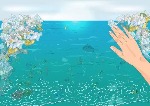 Environmental disaster of plastic debris in the ocean. Illustrazione stock