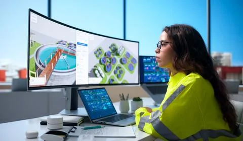 Environmental Engineer Carefully Cleans Computer While Reviewing Water Treatm Stock Photos