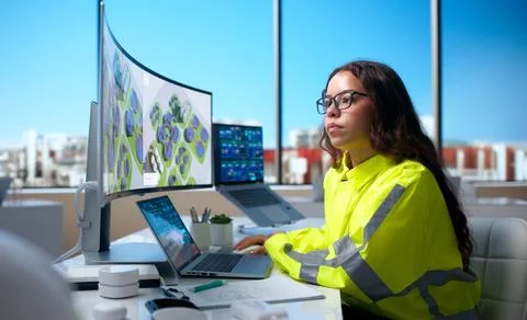 Environmental Engineer Closely Cleans Laptop While Checking Water Treatment D Stock Photos