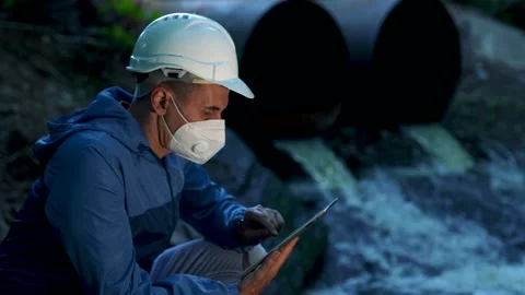 Environmental engineer. Wastewater pollution of environment and soil. Engineer Video stock 155574492